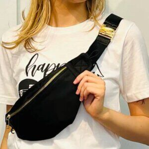 NWT Black Nylon Fanny Pack Adjustable Waist Bag with Gold Hardware